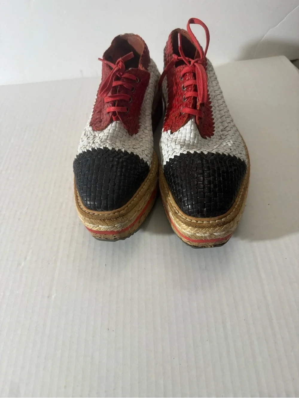 Prada Madras Tricolor Woven Leather Platform Espadrille Size: 37.5 - Picture 1 of 8